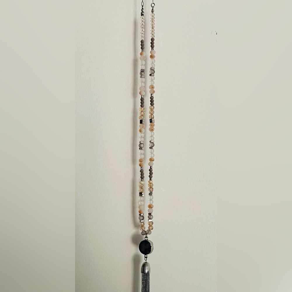 Loft Tassel and Bead Necklace Peach Grey and Silver Tones